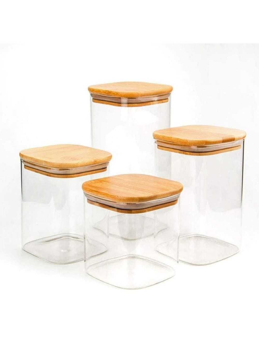Bamboo Lid Plastic Storage Jars - Set of 4 (Natural Wood)